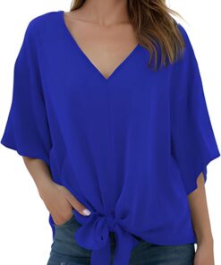 Blusas de gasa para mujer con cuello en V y lazo frontal mangas de murciélago manga corta Tops y camisas de verano