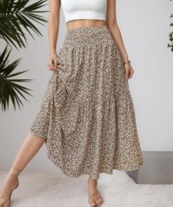 Falda larga de cintura alta fruncida para mujer, estilo bohemio, estilo casual