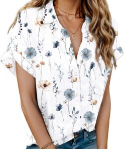 Hotouch Camisas de Mujer Camisas Casuales de Manga Corta Camisas Elegantes con Cuello en V Camisas Básicas de Color Sólido Camisas de Trabajo Tops Sueltos con Bolsillos S-XXL