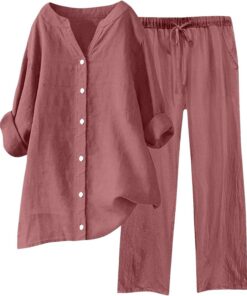 Conjunto Lino Mujer Elegante Dos Piezas Traje de Primavera Camisa Manga Larga con Botones y Pantalones Largo Piernas Anchas Chándal Ropa de Casa Casuale Color Sólido