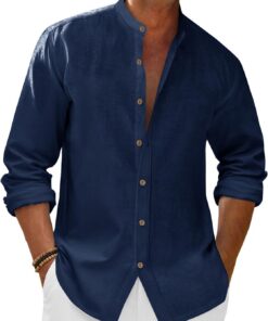 Camisas casuales de lino para hombre, manga 3/4, con botones, cuello con bandas, camisa de playa de verano