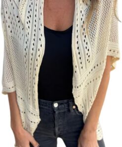 HUIFUAO - Cárdigan de punto de ganchillo de gran tamaño para mujer, elegante, parte delantera abierta, hueco, bohemio, cárdigans de otoño, manga corta, ropa de abrigo básica