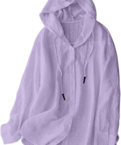 Camisas de lino y algodón con protección solar para mujer, sudadera con capucha de gran tamaño, casual, holgada, de manga larga, con botones, con capucha, para verano, playa, ligera, chaquetas