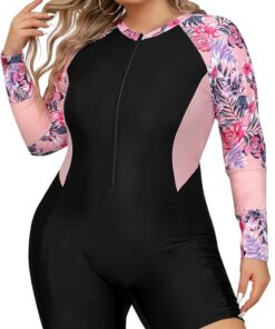 Traje de baño de talla grande para mujer, traje de baño de manga larga con cremallera, protector de erupción de alta elasticidad, traje de baño de una pieza, traje de baño modesto con