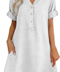 Vestido de lino para mujer, elegante, casual, cuello en V, de algodón, manga corta, maxi vestidos de verano 2026, holgado, por debajo de la rodilla, vestido de playa