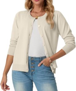 GRECERELLE Cárdigan suave de verano para mujer, bonito y ligero, cuello redondo, manga larga, suéter de punto sólido, suéteres casuales con botones para mujer, noches de verano y citas
