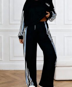Conjunto deportivo de 2 piezas para mujer, conjunto de pantalones de pierna ancha a rayas en contraste, trajes de viaje