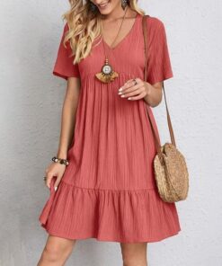 Vestidos de verano para mujer, de manga corta, cuello en V, longitud a la rodilla, plisados, con volantes, vestidos de playa