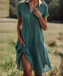 Vestido largo de verano, casual, holgado, cuello en V, manga corta, estampado de lunares, vestido camisero para mujer