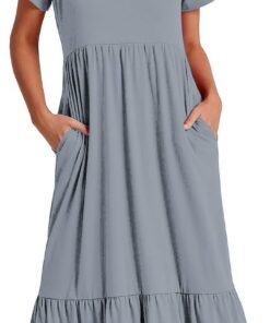 Vestido de verano de manga corta con cuello redondo, vestido largo casual con vuelo, vestido largo de playa escalonado para mujer, vestidos cómodos con bolsillos