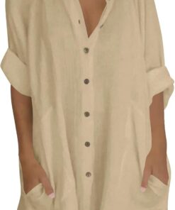 Camisas largas de manga 3/4 para mujer, estilo casual, holgadas, con botones, cuello alto, túnica con bolsillo, blusa ligera de lino y algodón para verano, para playa, tallas grandes, 22/24 en