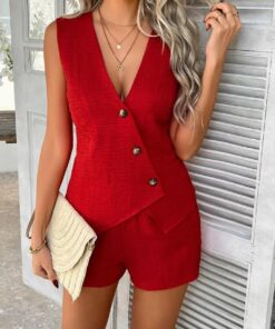 Conjunto de chaleco y pantalones cortos asimétricos con cuello en V para mujer, atuendo casual de verano de dos piezas