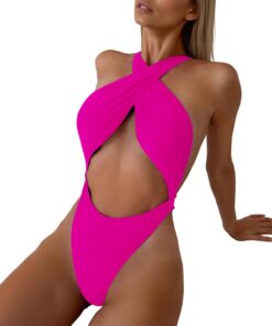 Traje de baño para mujer, 1 piezas, cuello sin espalda, color liso, Monokini Sexy. Ideal para un look brasileño y glamour. Traje de baño 1 pieza Enlaces Cuello Espalda Monokini