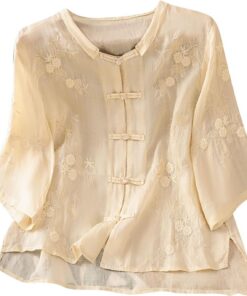 Camisas de manga 3/4 para mujer, elegante blusa bordada floral con estilo chino, botón plegable, ligera, oriental, ropa tradicional china, estilo étnico vintage