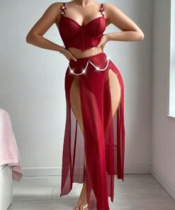 Lencería sexy con abertura alta para mujer, conjunto de corsé de malla transparente y falda de perlas, 3 piezas, ropa de baile exótica