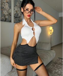 Conjunto de lencería sexy para mujer, sin mangas, para profesor, cosplay, cosplay, babydoll, vestido de 2 piezas, falda a rayas