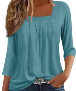 Blusas Mujer Color Sólido Blusas Informal Plisada de Mangas 3/4 con Cuello Cuadrado Blusa Suelta Camiseta Elegante Camisa Suelto Túnica Básico Tops Casual Shirt