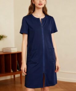 Vestido de casa para mujer, con cremallera frontal, manga corta, con bolsillos, camisón casual para el hogar