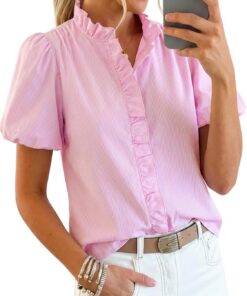 Camisa de manga corta abombada con botones para mujer, a rayas, cuello alto, blusa informal de negocios, camisas de trabajo