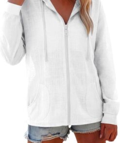 Sudadera con capucha para mujer, ligera, casual, de manga larga, con cremallera completa, de lino, para verano, playa, con bolsillo