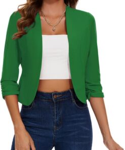 Blazer corto para mujer, trajes y blazers sin cuello, chaquetas con frente abierto, manga fruncida 3/4, ropa exterior, cárdigan de medio lino