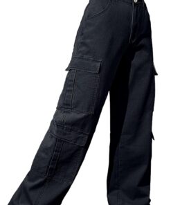 Pantalones de mezclilla holgados de cintura alta para mujer con bolsillo con solapa, estilo urbano Y2K, pierna ancha