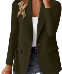 HUIFUAO - Blazers para mujer, talla grande, cuello en V, traje de trabajo, chaqueta de trabajo, elegante, casual, manga larga, solapa de 1 botón, ropa exterior con bolsillo, Café Z11, S