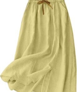 Falda midi de lino y algodón para mujer, estilo informal, con lazo elástico en la cintura y bolsillos, falda dividida de verano, falda para mujer, para vacaciones, uso diario 2026