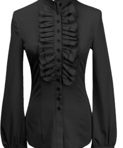 YILEEGOO Camisas vintage victorianas con botones para mujer, cuello alto, volantes, góticas, retro, manga acampanada