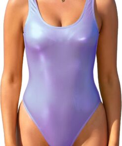 SHEKINI Traje de Baño Una Pieza para Mujer Cuello Baja Brillante Correas Deportivo Bañador Espalda U Slim Ropa de Playa