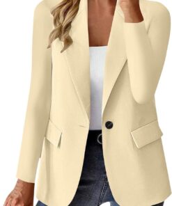 HUIFUAO - Blazers para mujer con cuello en V negro, chaqueta de traje de trabajo, negocios, abrigos casuales elegantes, abrigos de manga larga con solapa frontal abierta, ropa exterior con bolsillo
