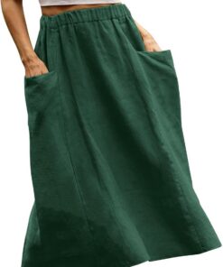 Falda midi de lino y algodón para mujer, falda de verano casual de cintura alta elástica con bolsillos, My Orders Today's Deals 2025 Sale Liquidación por debajo de la rodilla faldas para mujer
