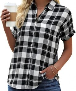 GeGekoko Blusa a cuadros para mujer, manga corta, informal, suelta, cuello en V, para botones, túnica de verano