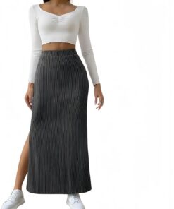 Chesoon Falda sexy de cintura alta para mujer, de punto liso, con forma de lápiz, larga, elástica, a rayas