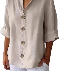Camisa de Algodón y Lino con Botones para Mujer Verano Color Sólido Blusa Suelta de Manga 3/4 con Cuello en V Camiseta Elegante Tops Talla Grande tee Shirt Camisas Informal