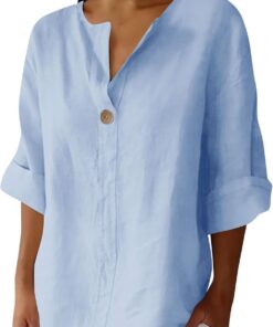 Blusa de verano de lino y algodón para mujer, blusas de cuello en V con muesca, estilo casual, holgada, manga 3/4, blusa larga para mujer, talla grande, Henley Today 2025