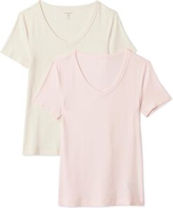 Amazon Essentials Mujer Camiseta de Cuello en Pico de Manga Corta y Ajuste Entallado