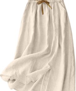 Falda midi de lino y algodón para mujer, estilo informal, con lazo elástico en la cintura y bolsillos, falda dividida de verano, falda para mujer, para vacaciones, uso diario 2026
