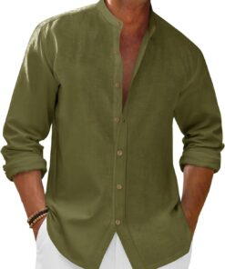 Camisas casuales de lino para hombre, manga 3/4, con botones, cuello con bandas, camisa de playa de verano