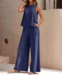 Conjunto de descanso de 2 piezas para mujer, cuello redondo, sin mangas, pantalones de pierna ancha, atuendo casual de verano para uso diario, viajes o fiestas, Azul, X-Large