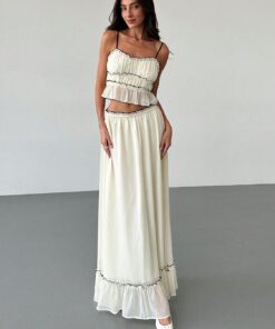 Conjunto de falda para mujer, 2 piezas, dobladillo con volantes, camiseta y falda larga, ropa de vacaciones de verano