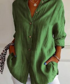 Camisa clásica plisada con solapa de un solo botonadura para mujer, blusa de trabajo de manga larga
