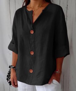 Camisa casual de mezcla de lino con botones para mujer, cuello en V, manga enrollada 3/4, ajuste holgado, versátil para el trabajo diario