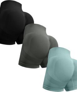 OVESPORT, Pantalones cortos de entrenamiento de 3 piezas para mujer, sin costuras, con levantamiento de glúteos, cintura alta, para yoga, gimnasio y correr