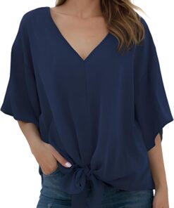 Blusas de gasa para mujer con cuello en V y lazo frontal mangas de murciélago manga corta Tops y camisas de verano
