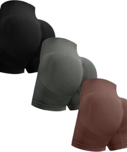 OVESPORT, Pantalones cortos de entrenamiento de 3 piezas para mujer, sin costuras, con levantamiento de glúteos, cintura alta, para yoga, gimnasio y correr