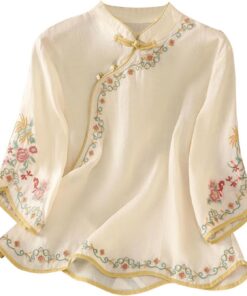 Camisas de manga 3/4 para mujer, elegante blusa bordada floral con estilo chino, botón plegable, ligera, oriental, ropa tradicional china, estilo étnico vintage