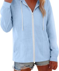 Sudadera con capucha para mujer, ligera, casual, de manga larga, con cremallera completa, de lino, para verano, playa, con bolsillo