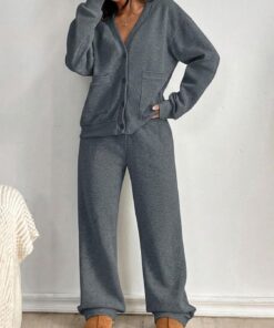 Conjuntos de descanso para mujer, conjunto de 2 piezas, cuello en V, sudadera con botones, pantalones de pierna ancha, conjunto de sudadera a juego