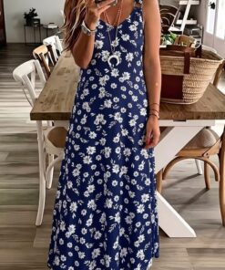 Vestido largo sin mangas con cuello en V para mujer, talla grande, estampado de mariposas, casual, para uso diario y verano, playa, vacaciones, vestido suelto